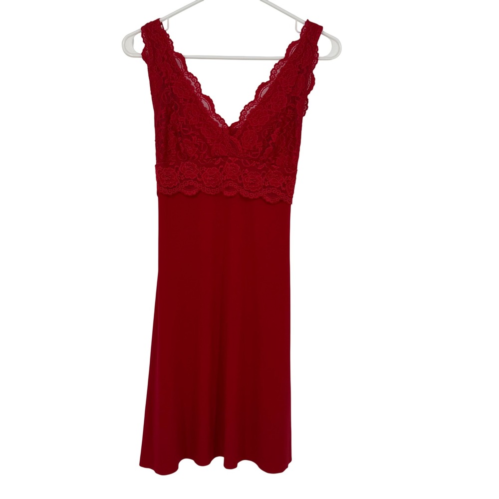 Chemise Nightie Slip Dress Women Small Red Lace V-Neck Tie Back Mini Romantic